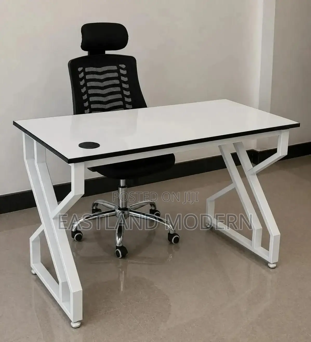White Executive Computer Desk With Metal Frame & Headrest Chair