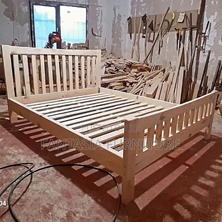 5x6 Rustic Slatted Natural Wooden Bed: Pay on Delivery