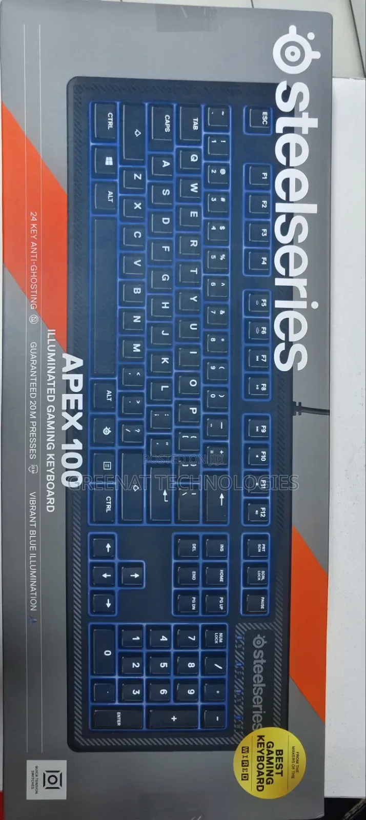 Wired SteelSeries Apex 100 Gaming Keyboard – Blue LED Backlighting