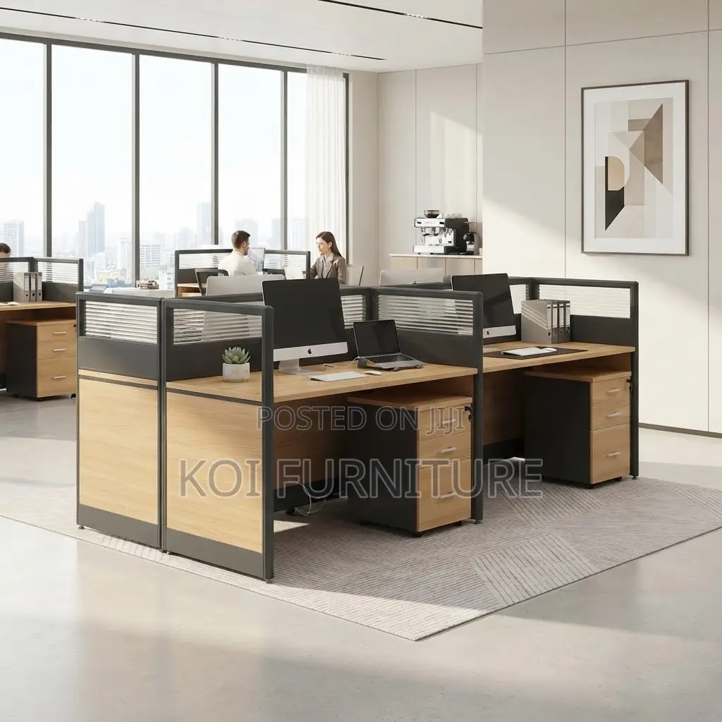 Office Woprkstation; Blue-Brown Office Staff Workstation With Cabinet