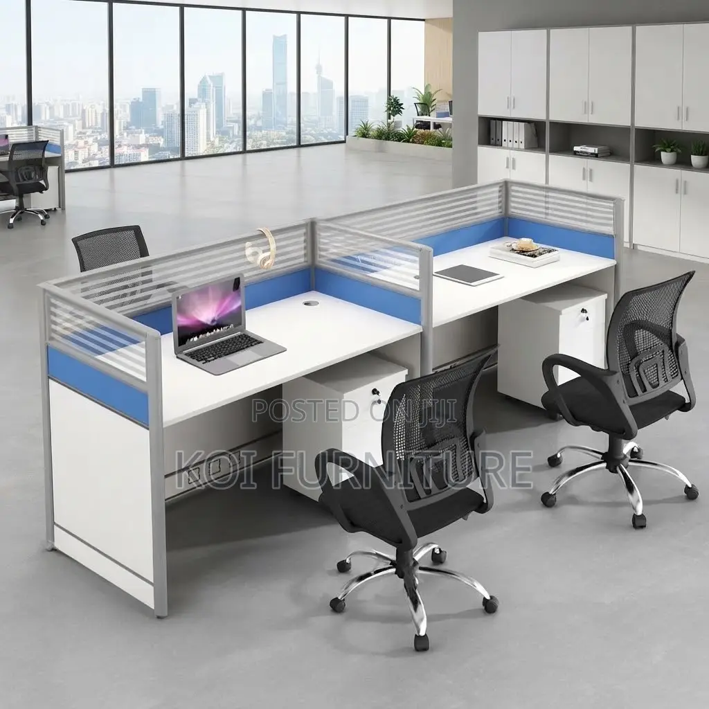 Office Woprkstation; Blue-Brown Office Staff Workstation With Cabinet