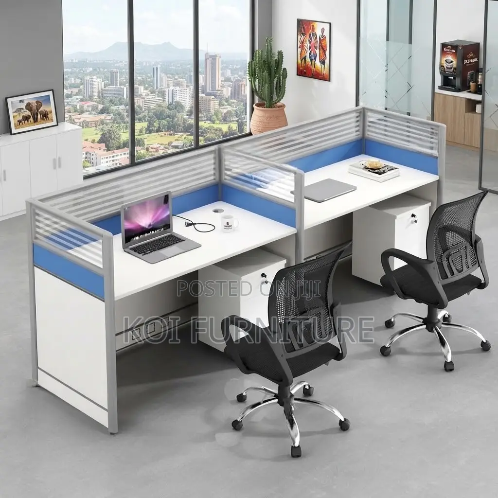Office Woprkstation; Blue-Brown Office Staff Workstation With Cabinet