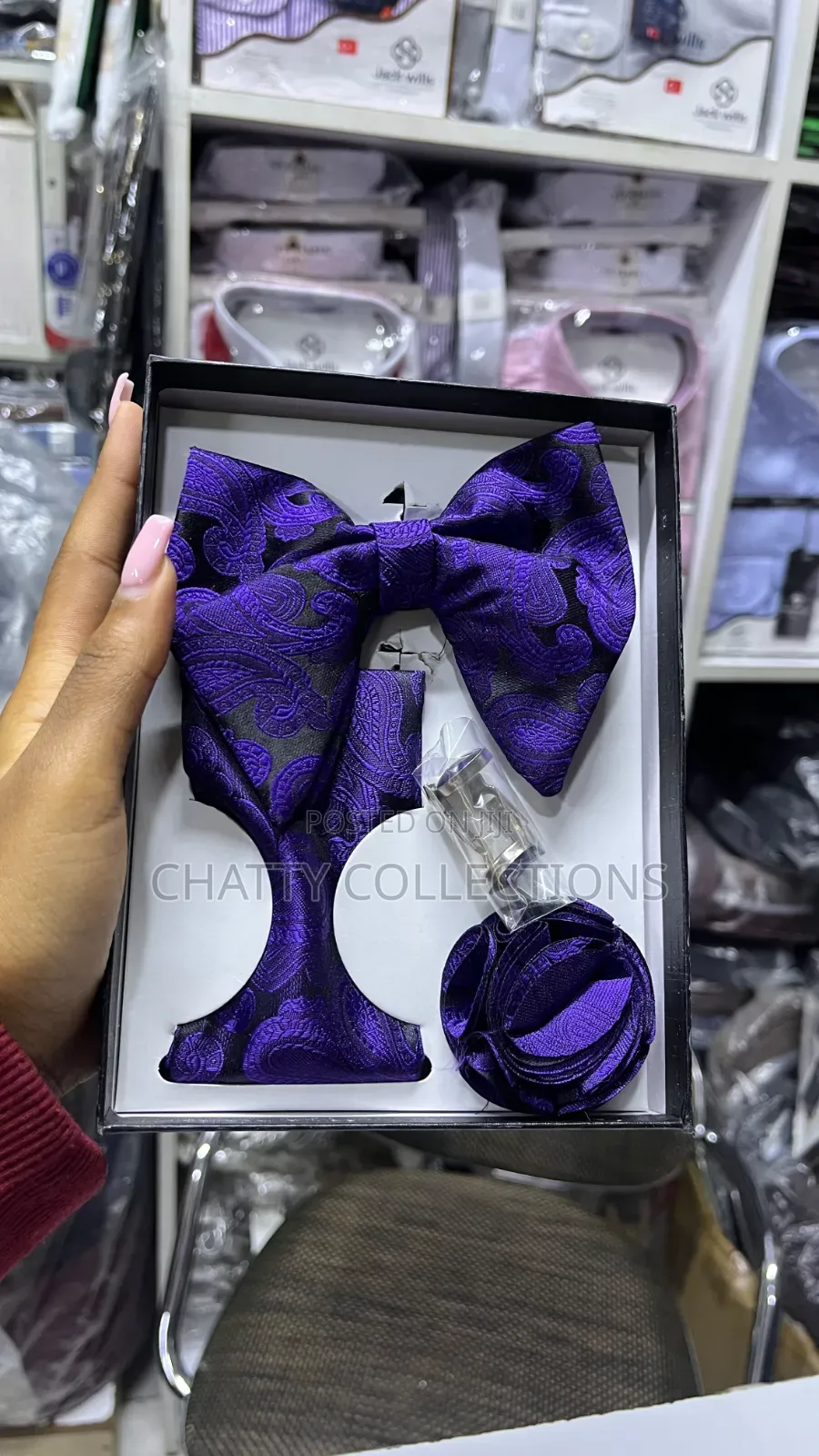 Purple Executive Butterfly Bow Tie Set With Tie, Lapel and Cufflinks