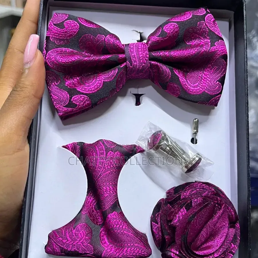 4 in 1 Pink Black Executive Bow Tie Set With Tie, Lapel and Cufflinks