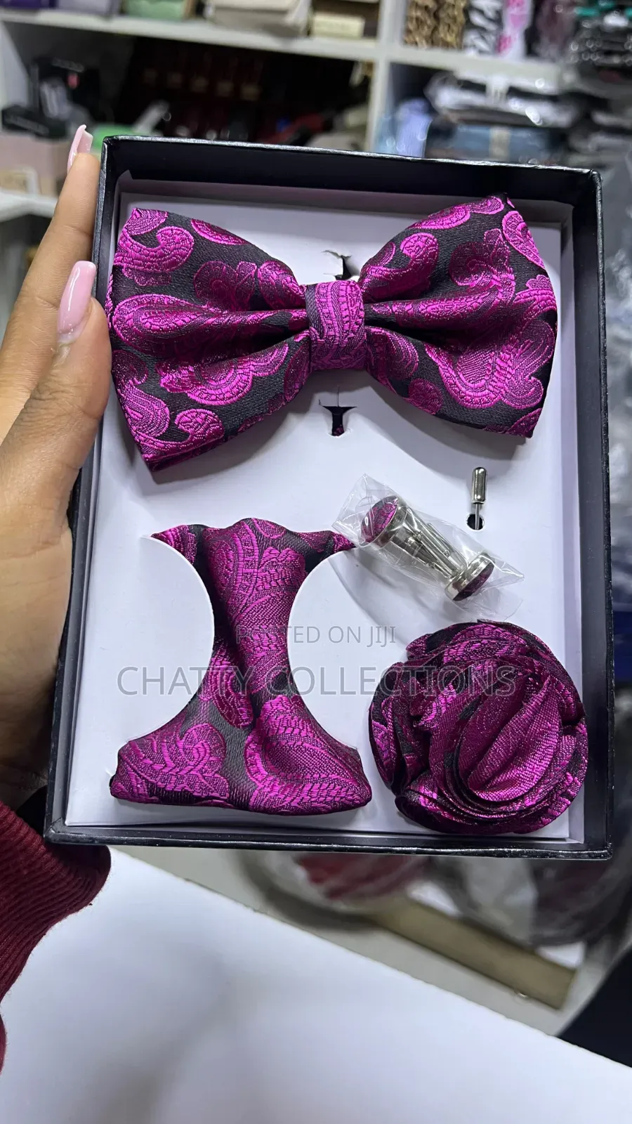 4 in 1 Pink Black Executive Bow Tie Set With Tie, Lapel and Cufflinks
