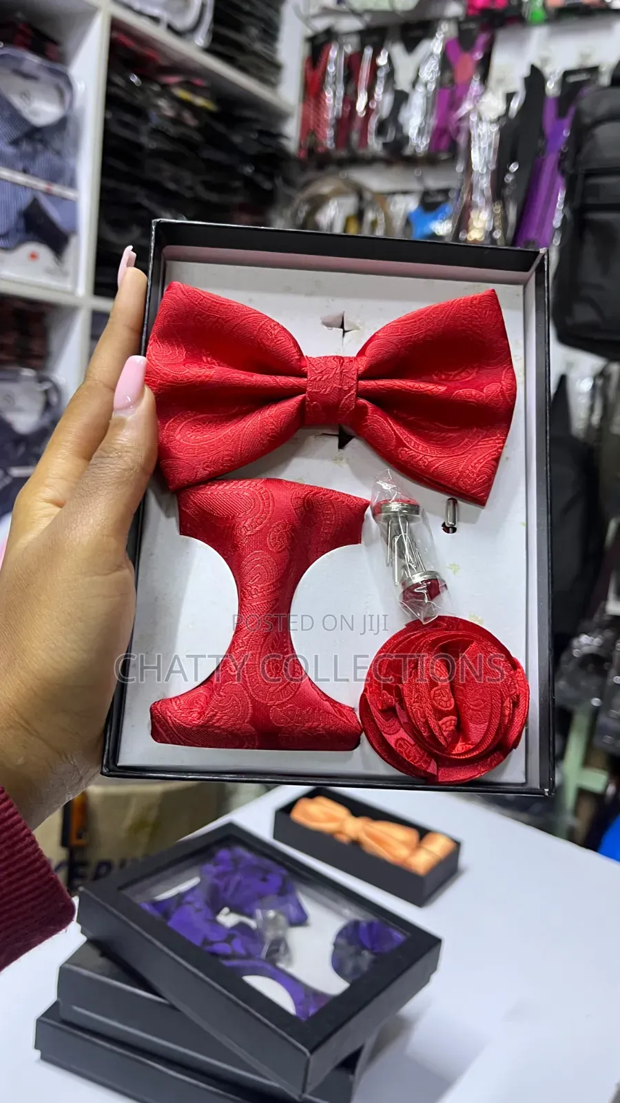 4 in 1 Red Executive Bow Tie Set With Tie, Lapel and Cufflinks