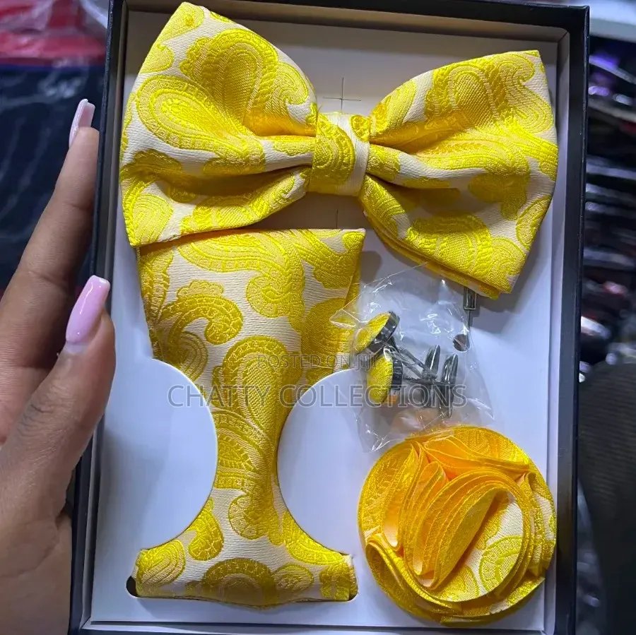 4 in 1 Yellow Executive Bow Tie Set With Tie, Lapel and Cufflinks