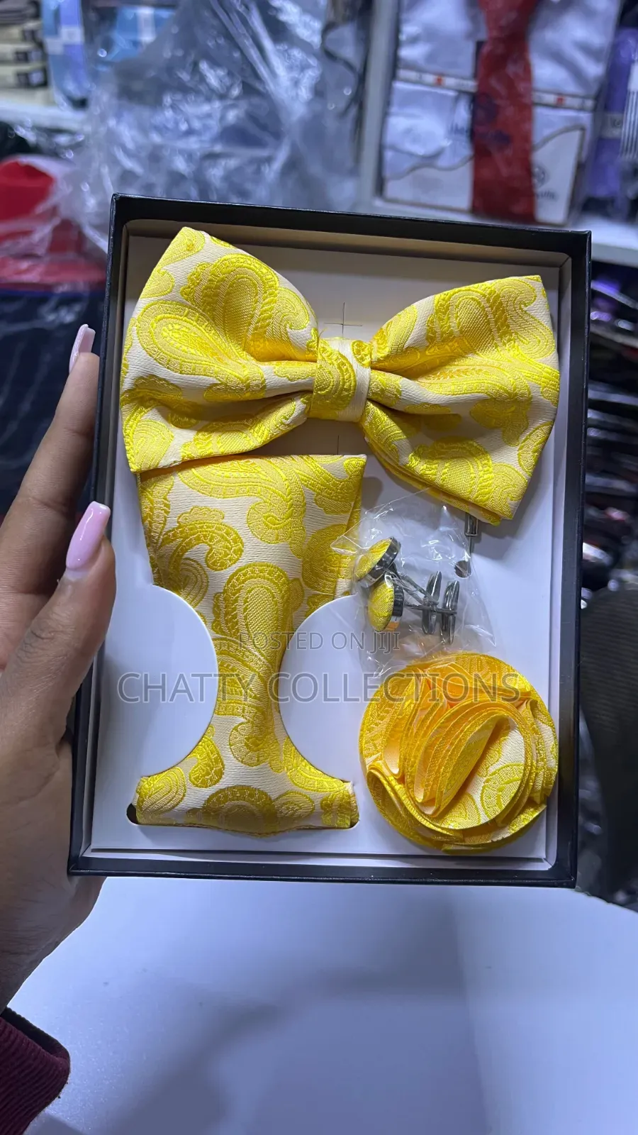 4 in 1 Yellow Executive Bow Tie Set With Tie, Lapel and Cufflinks