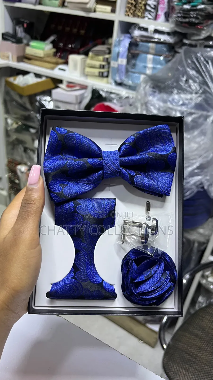 4 in 1 Royal Blue Executive Bow Tie Set With Tie, Lapel and Cufflinks