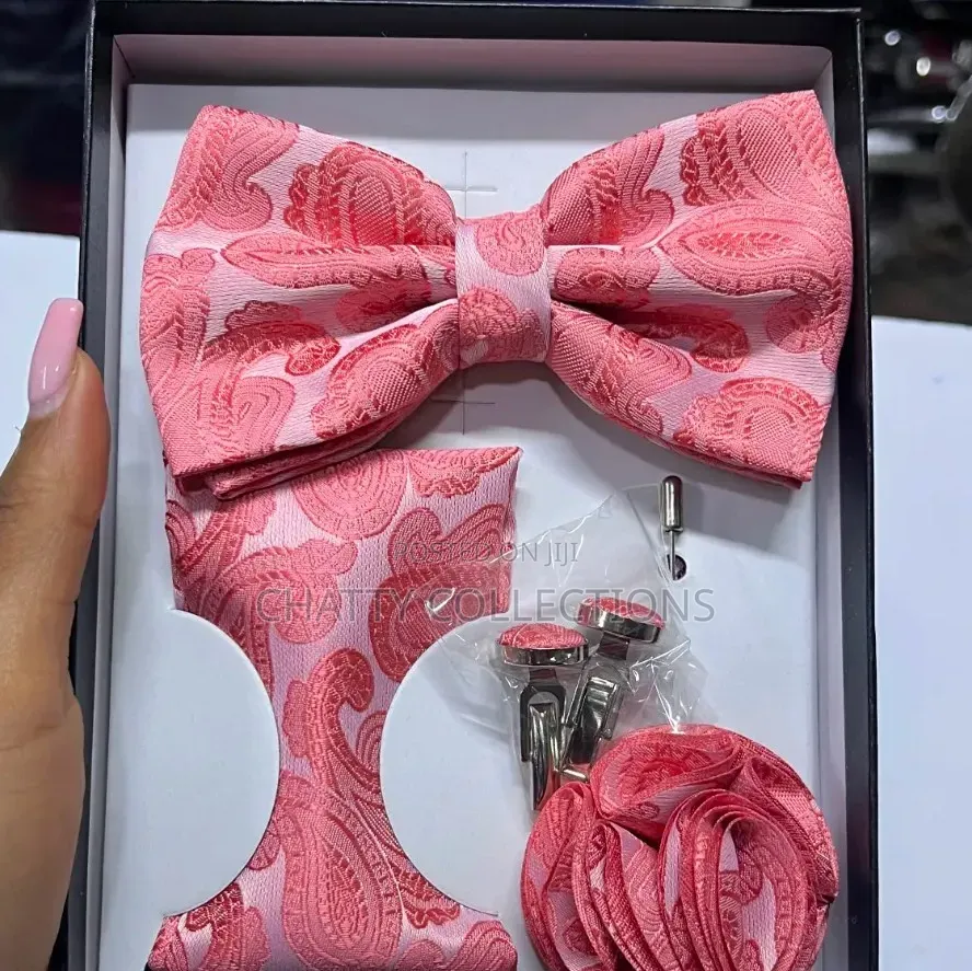 4 in 1 Pink Executive Bow Tie Set With Tie, Lapel and Cufflinks