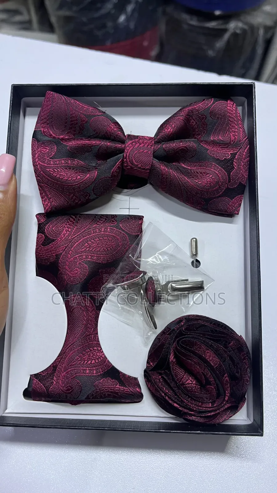 4 in 1 Burgundy Executive Bow Tie Set With Tie, Lapel and Cufflinks