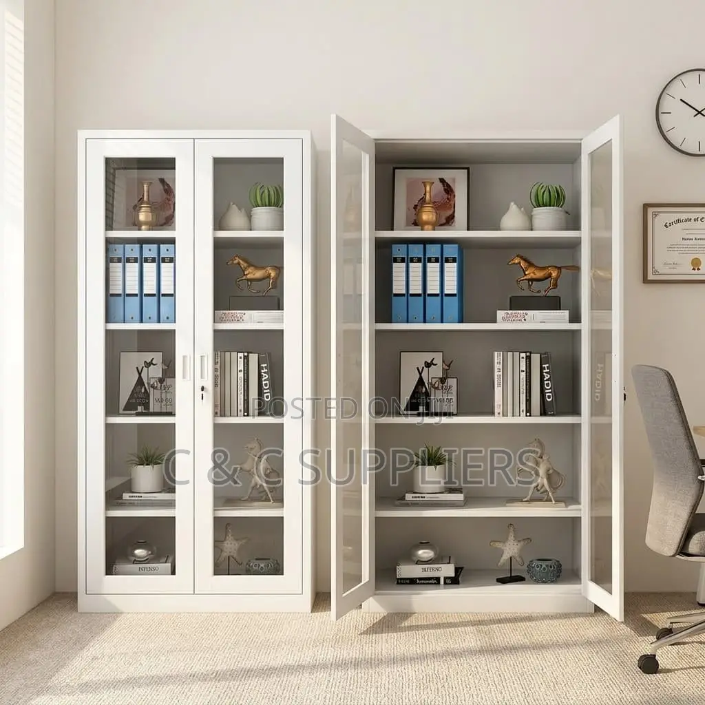 2-Swing Door Full Glass Home Office Cabinet.