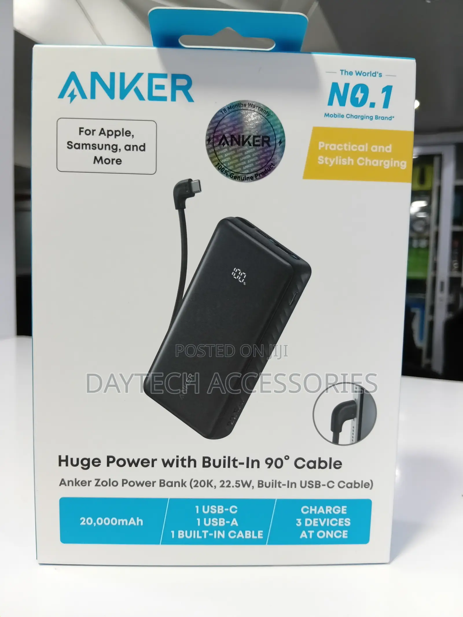 Anker Zolo Power Bank (20,000mAh, 22.5W) With Built-in 90° USB-C Cable
