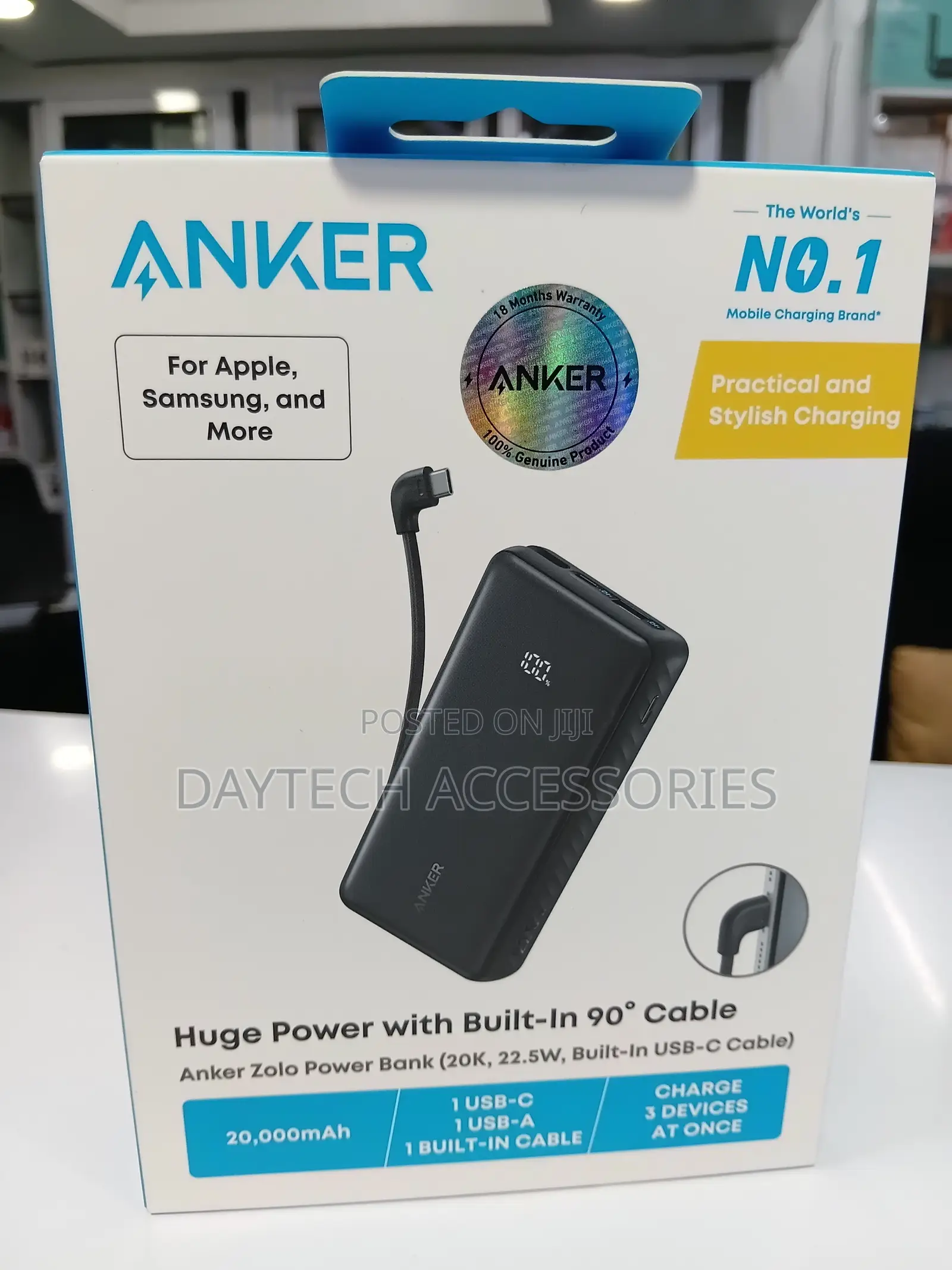 Anker Zolo Power Bank (20,000mAh, 22.5W) With Built-in 90° USB-C Cable