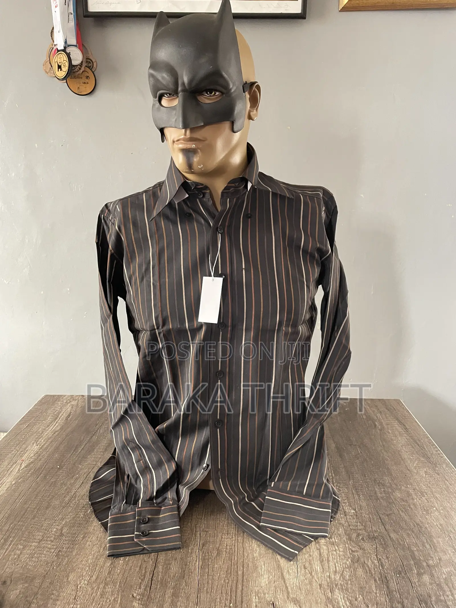 Men's Striped Long-Sleeve Shirt (Size M / 50) - Dark Brown & Copper