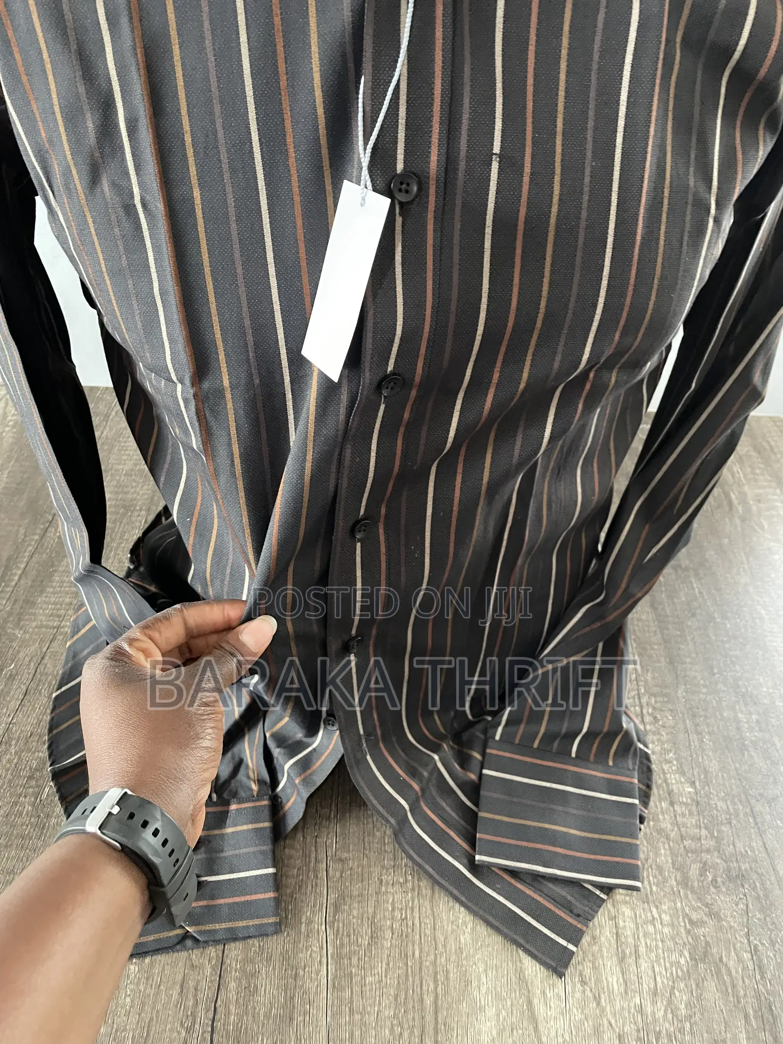 Men's Striped Long-Sleeve Shirt (Size M / 50) - Dark Brown & Copper