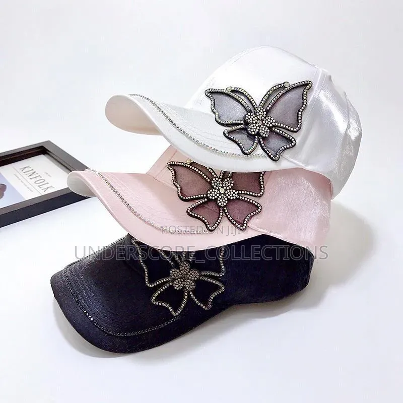 *Shiny Rhinestone Butterfly Embroidery Women Baseball Cap Fashion