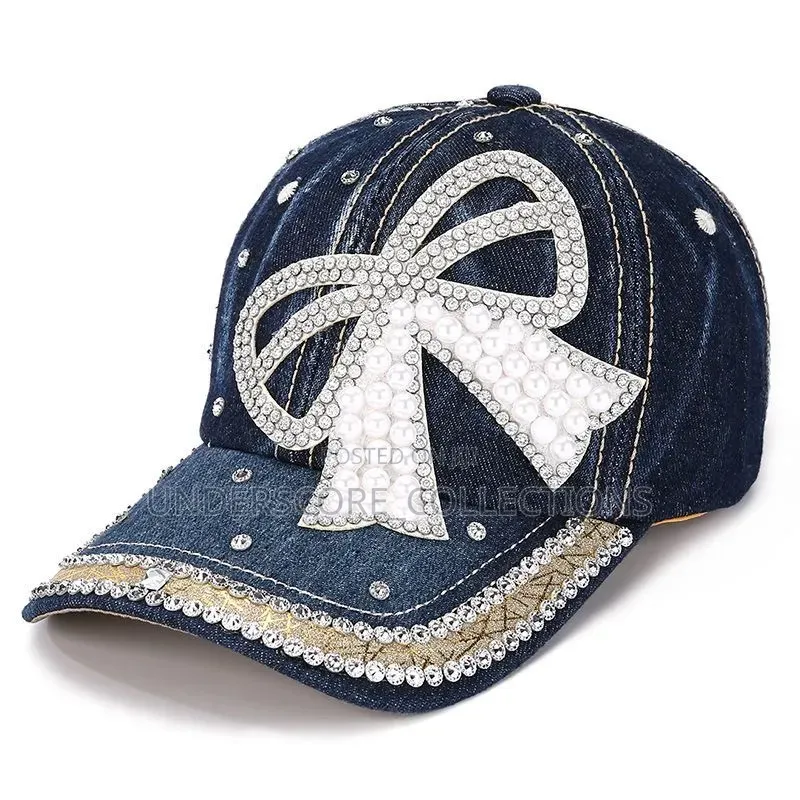 *Bow Pearl Diamond Denim Baseball Cap, Spring and Summer