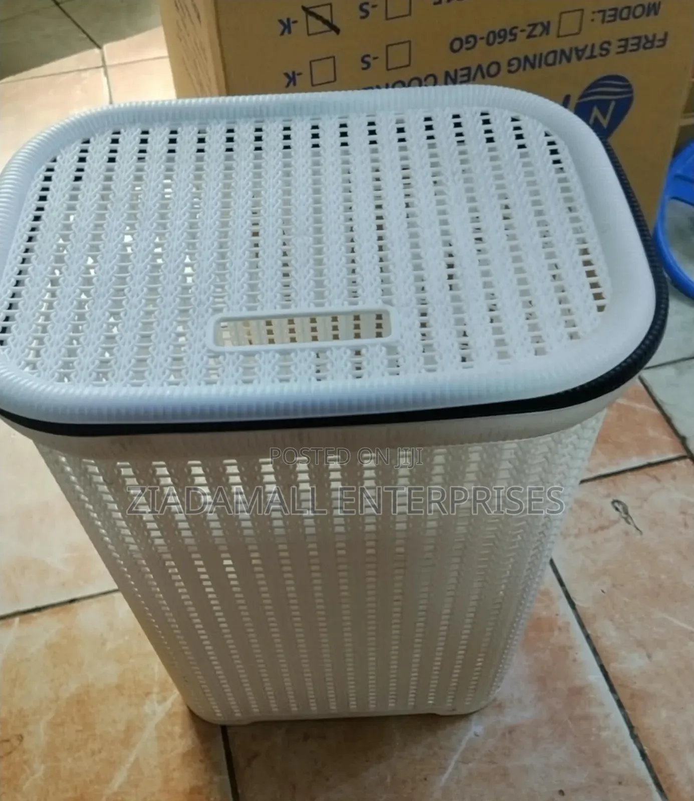 White Woven-Look Hamper With Lid