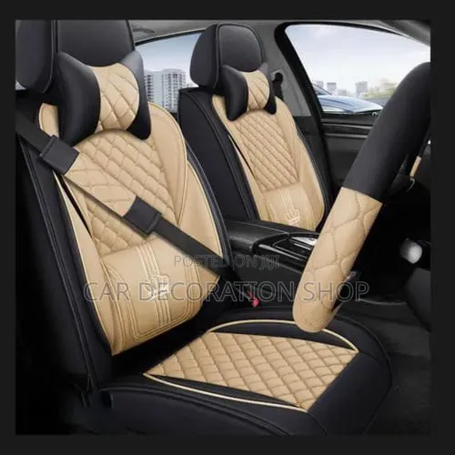 Full Set 5 Seater Baije Black Quilted Car Leather Seat Covers