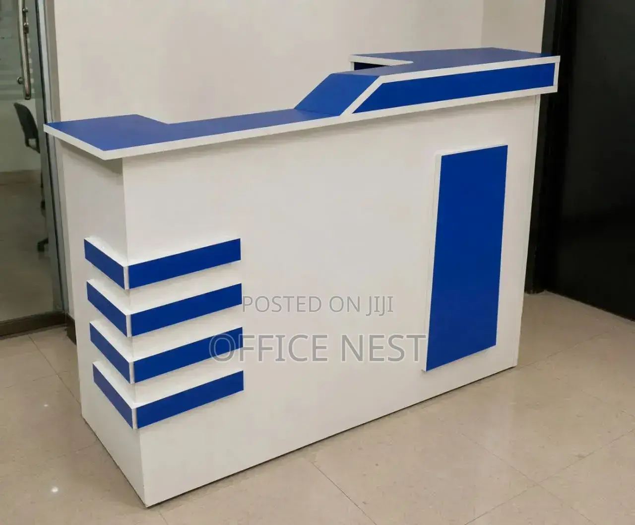 White & Blue Reception Counter With Storage