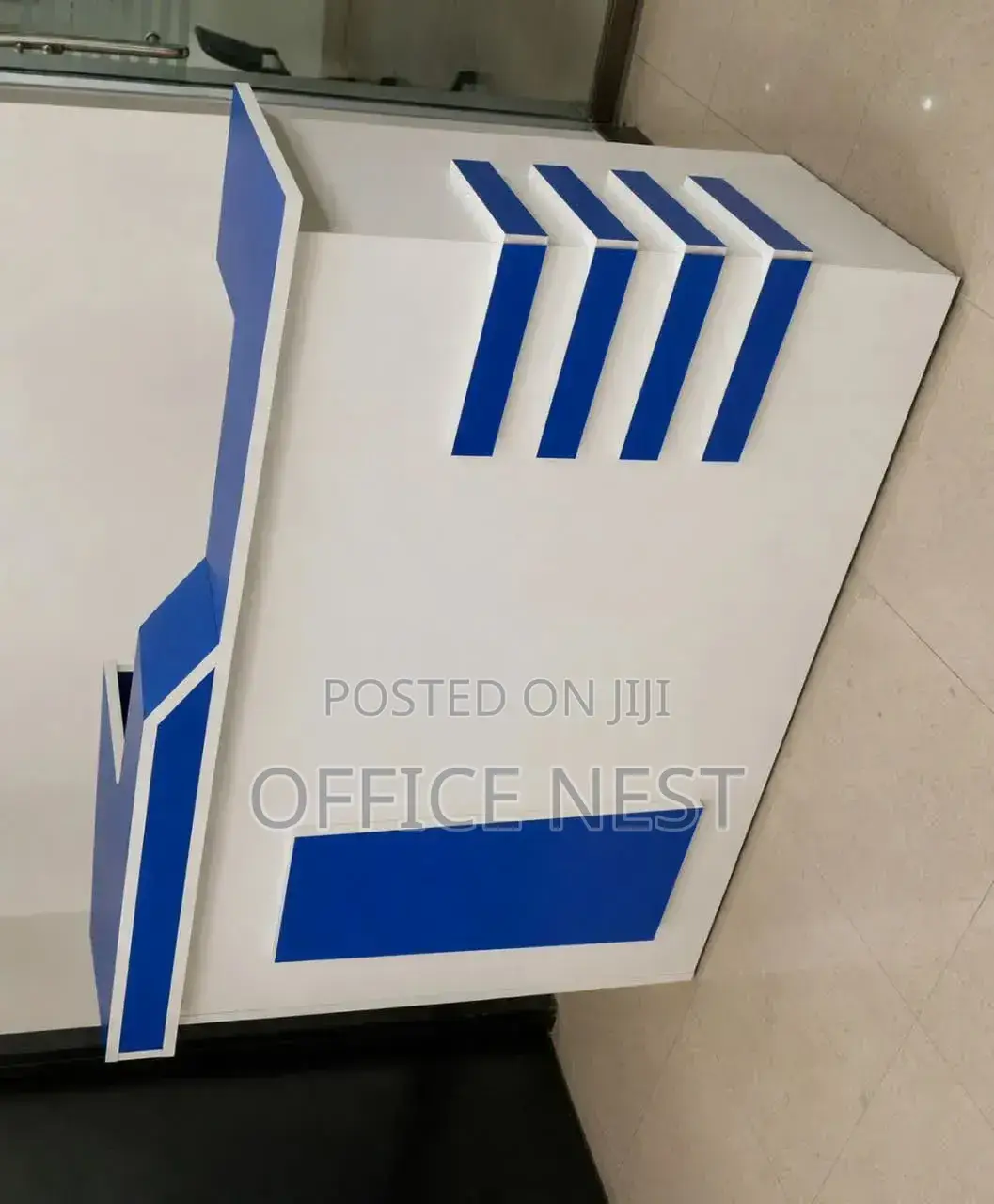 White & Blue Reception Counter With Storage