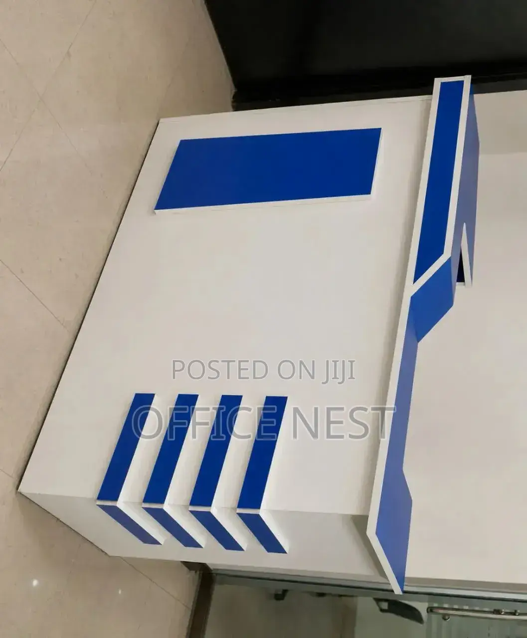 White & Blue Reception Counter With Storage
