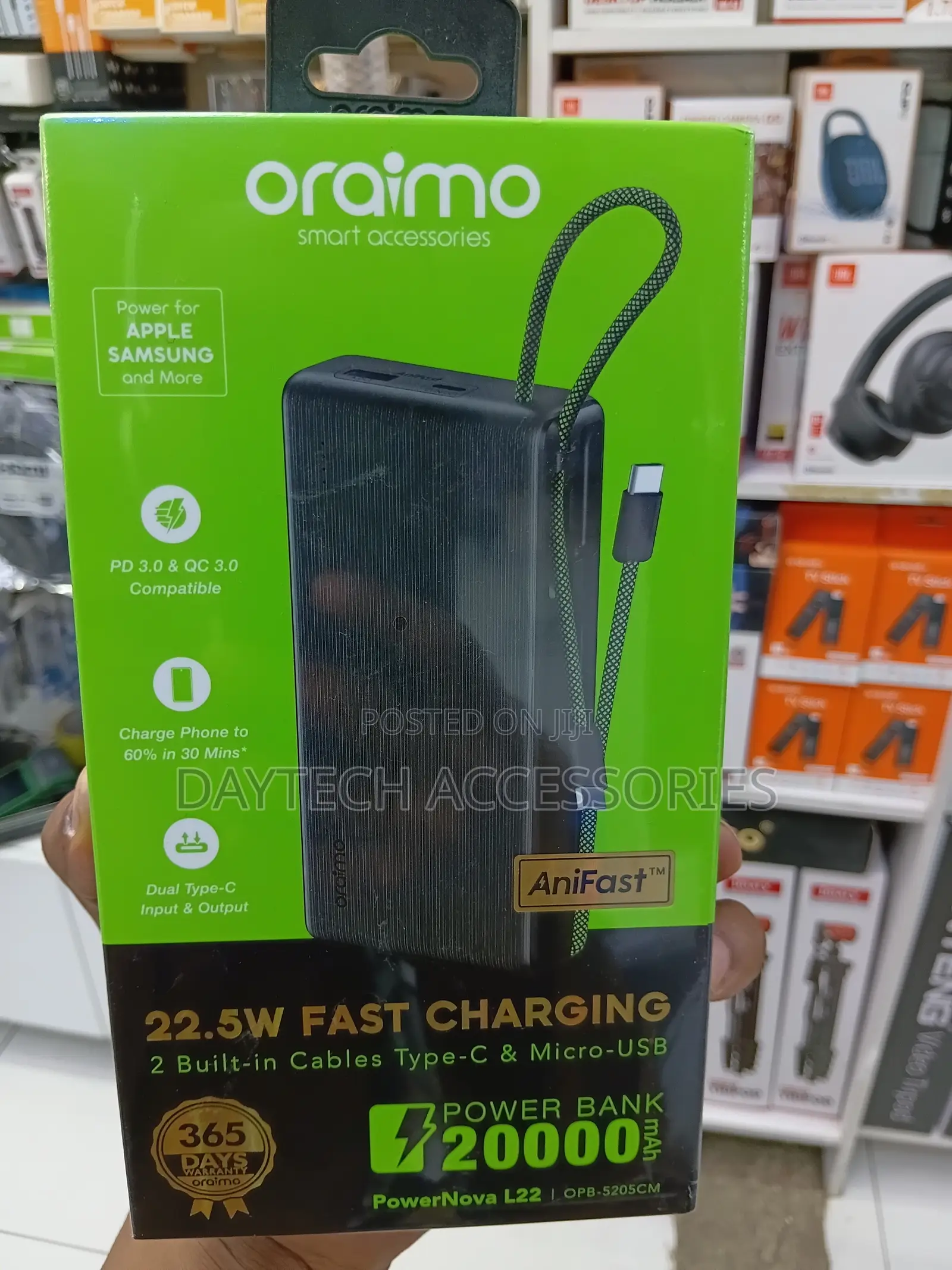 Oraimo PowerNova L2220,000mAh 22.5W Fast Charging and Built-in Cables.