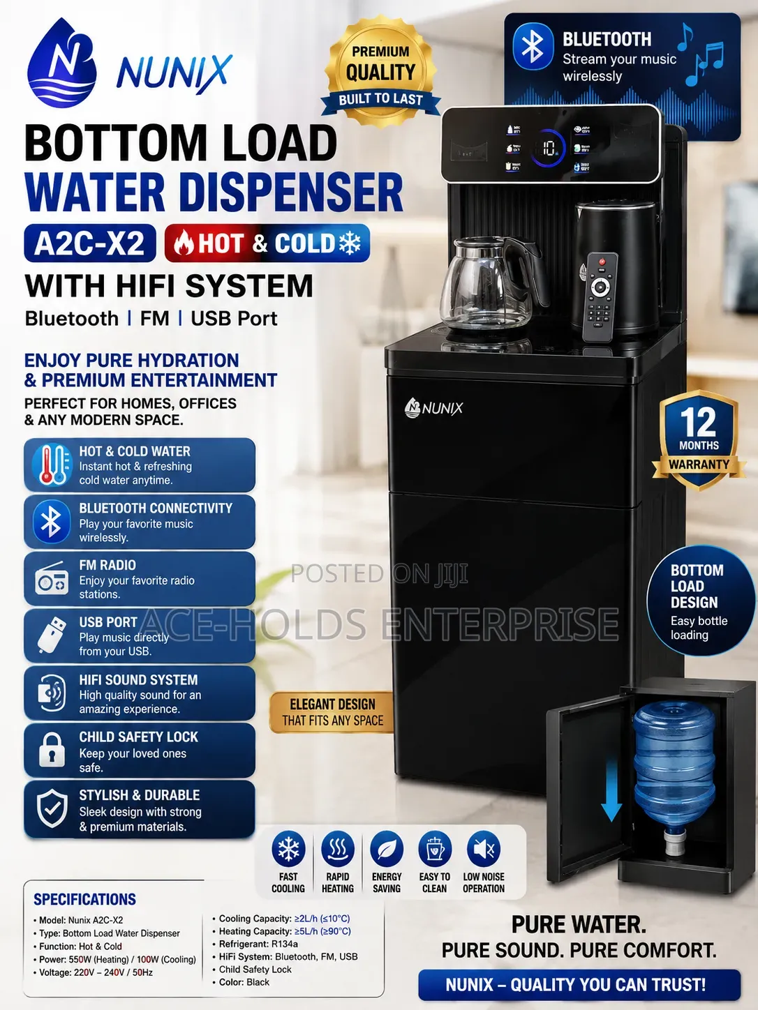Nunix Bottom Load Dispenser A2c-X2 H&C - HiFi System; BT,FM & USB Port