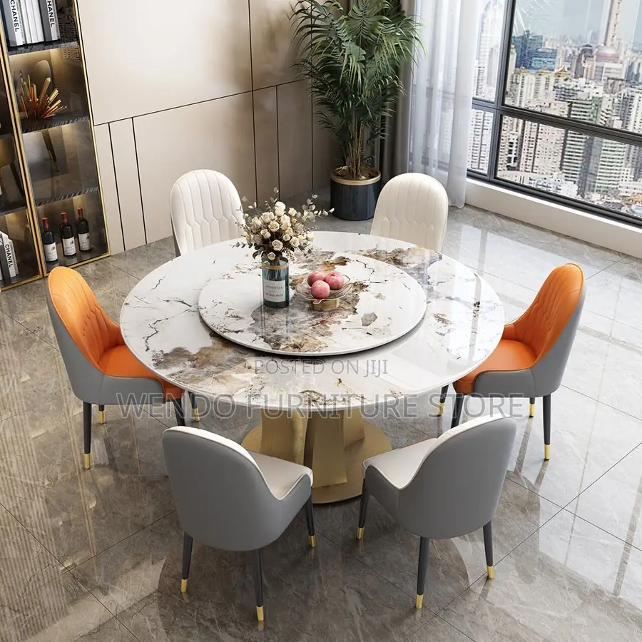 Dining Set; Round Six Classic Dining Sets With Leather Chairs