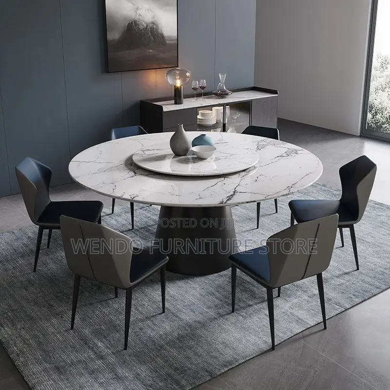 Dining Set; Round Six Classic Dining Sets With Leather Chairs