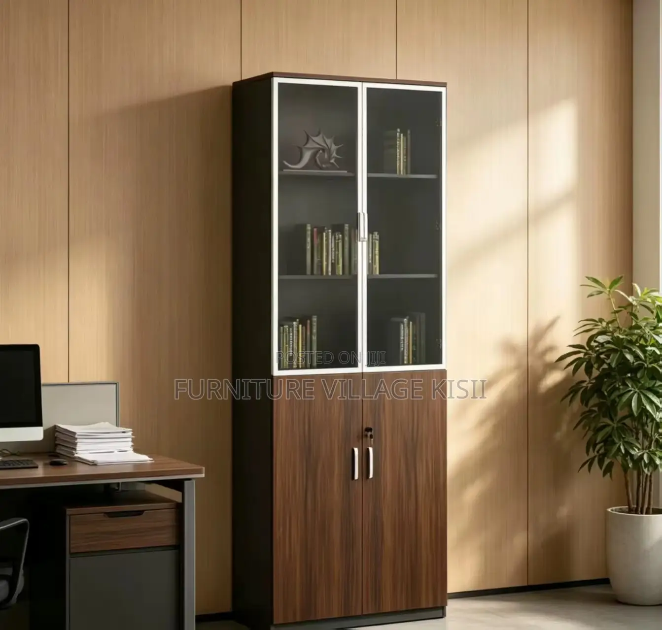 Office Cabinet; 2-Door Half Glass Wooden File Cabinet