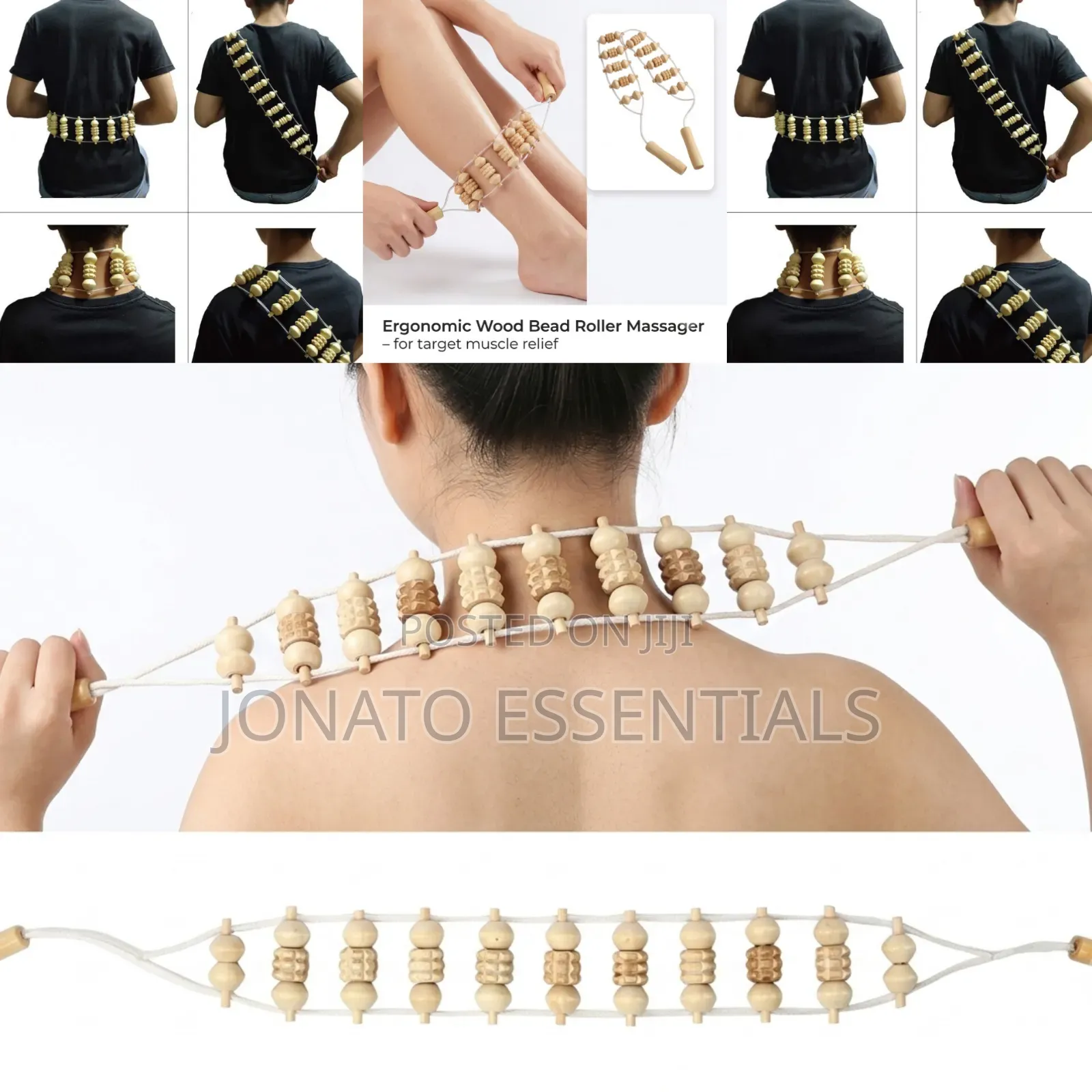 Wooden Back Massager Roller Rope Body Pain Relief Tool