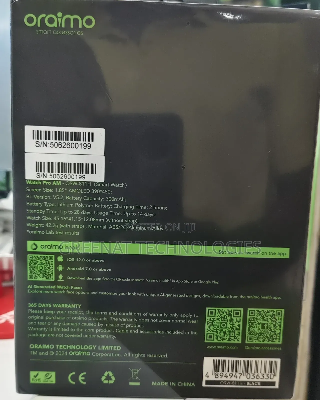 Oraimo Watch Pro AM OSW811H Wireless HD Calling Health Monitoring IP68