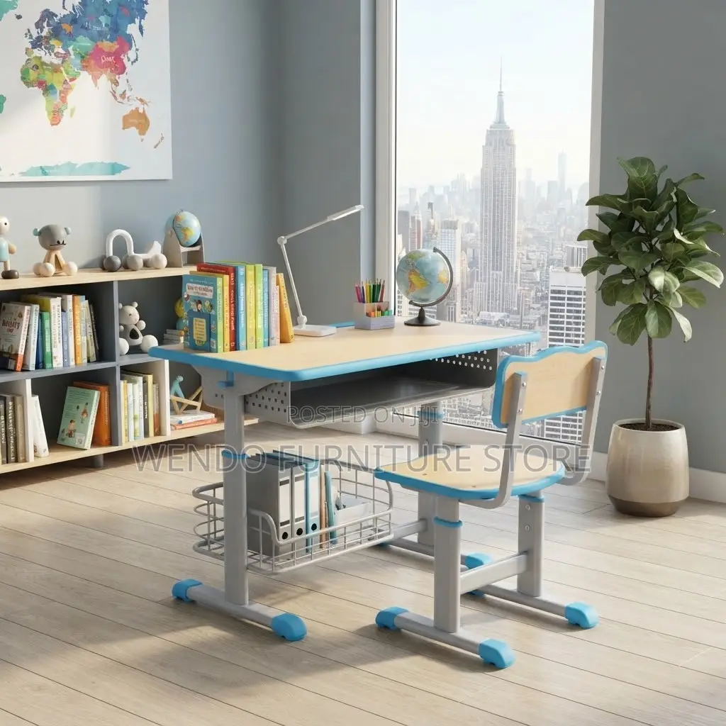 Home Desk; Adjustable Brown Kids Desk Chair Set With Bookshelf
