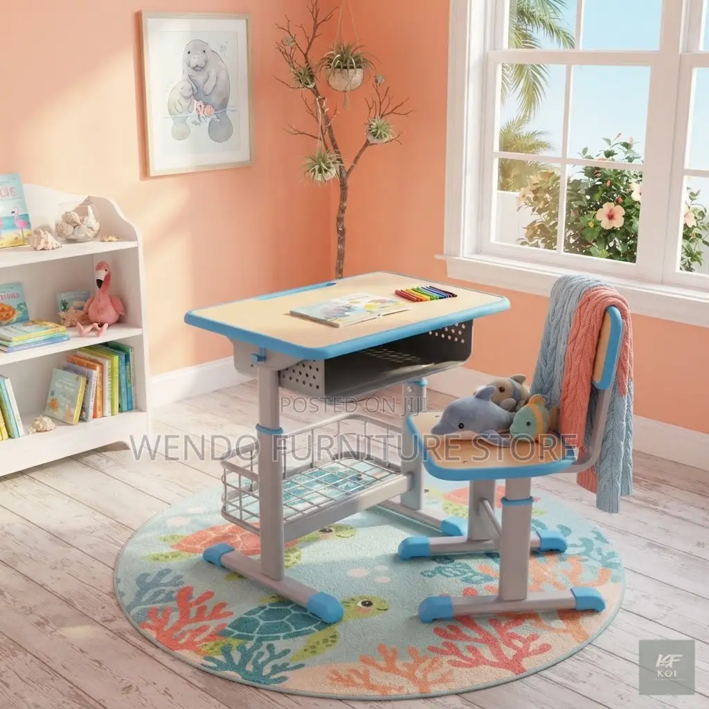 Home Desk; Adjustable Brown Kids Desk Chair Set With Bookshelf