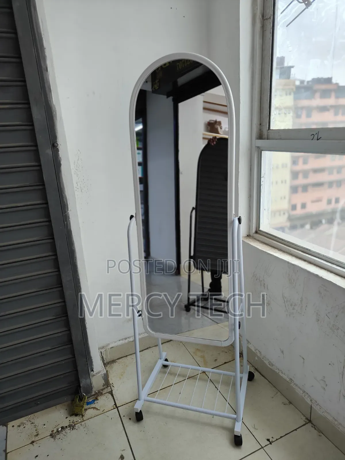 White Full Length Dressing Mirror With Wheels & Shoe Rack