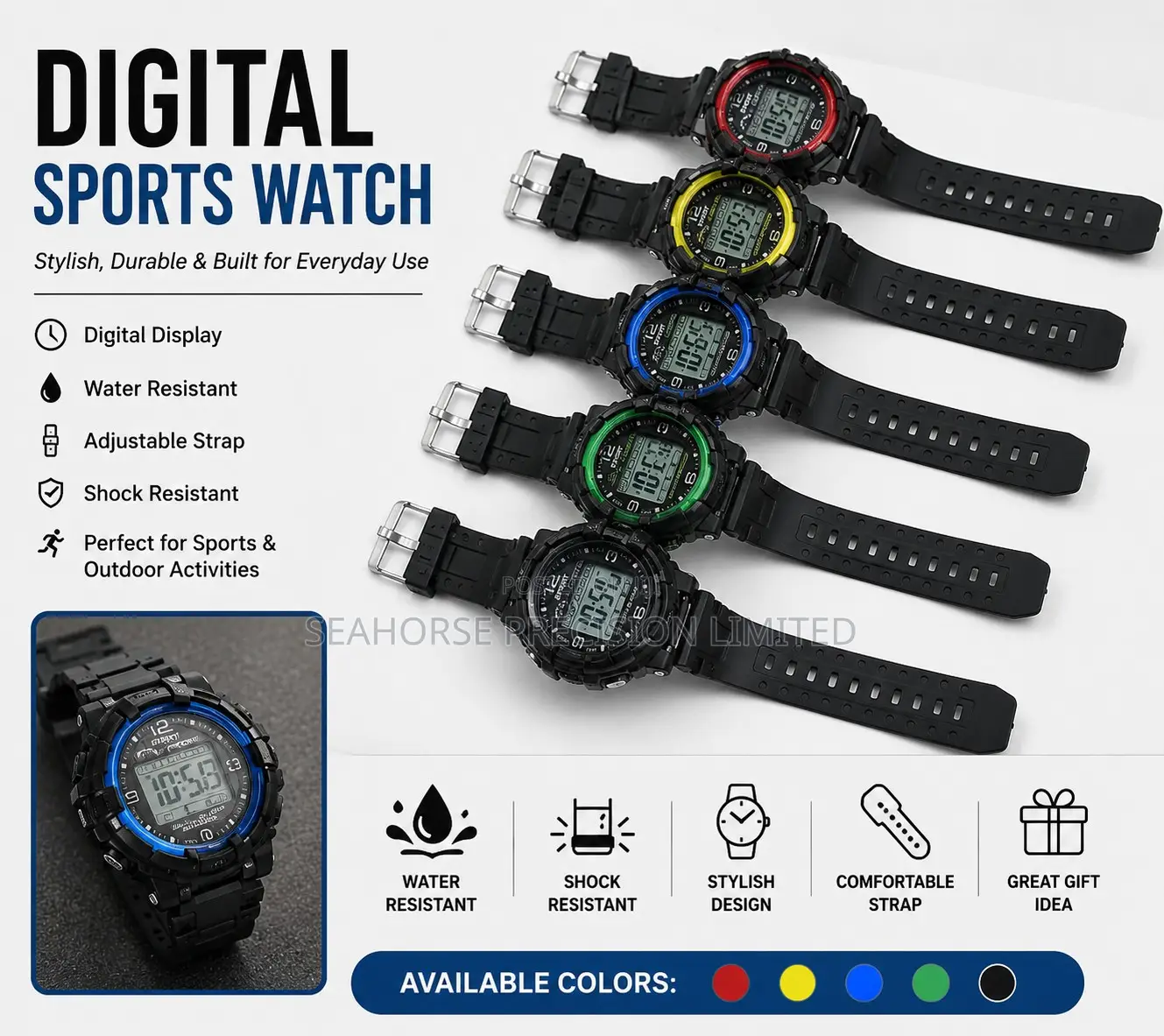 Men’s Digital Sports Watch – Stylish, Durable & Water Resistant