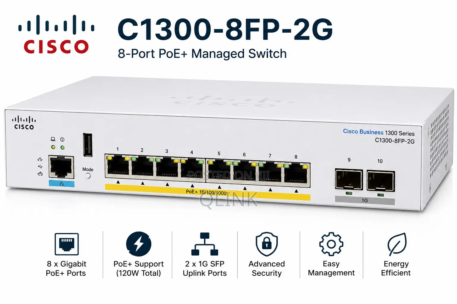 Cisco Catalyst 1300 8-Port Full PoE Gigabit Switch, C1300-8fp-2g