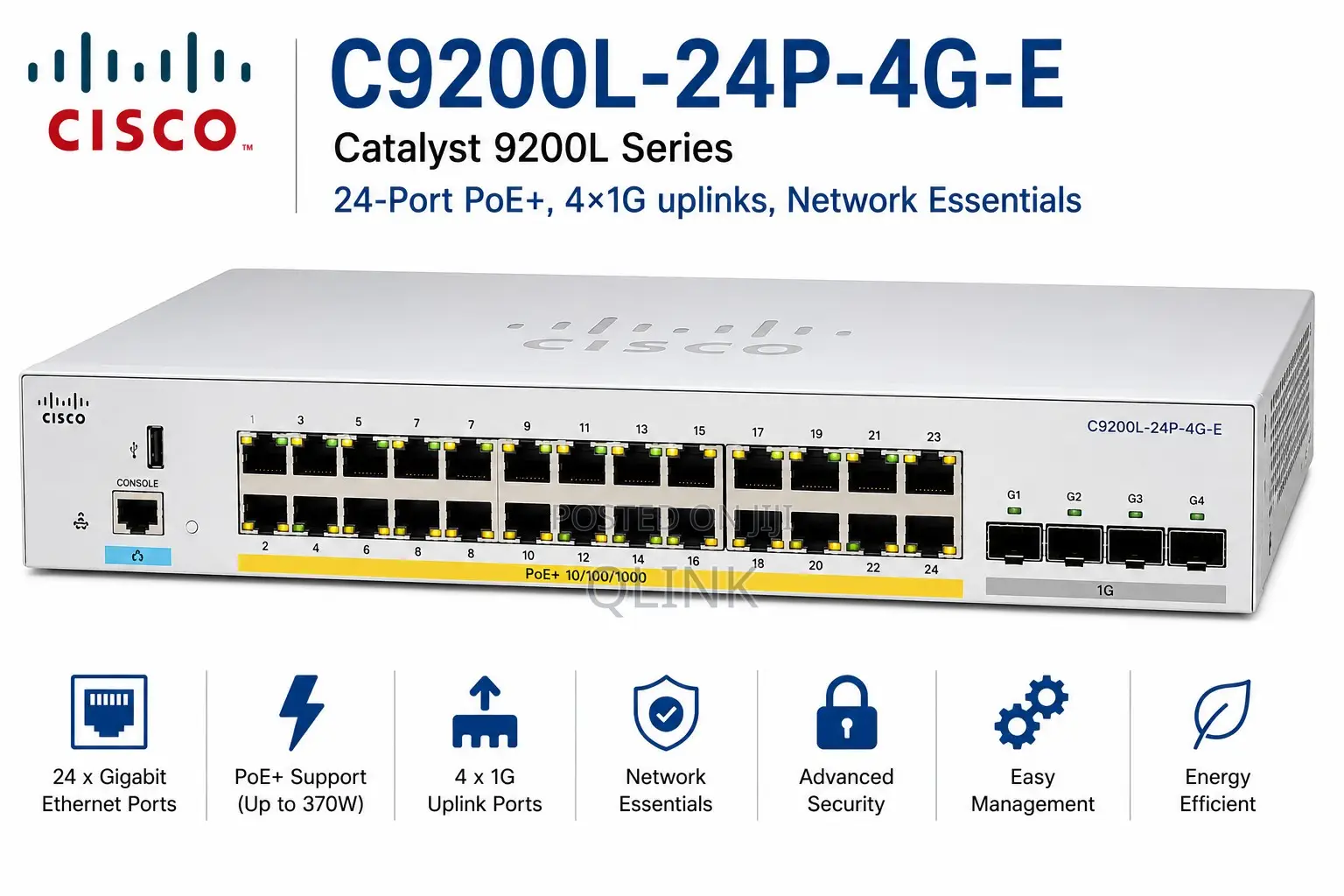 CiscoC9200L-24P-4G-E — 24-Port PoE+, 4×1G Uplinks, Network