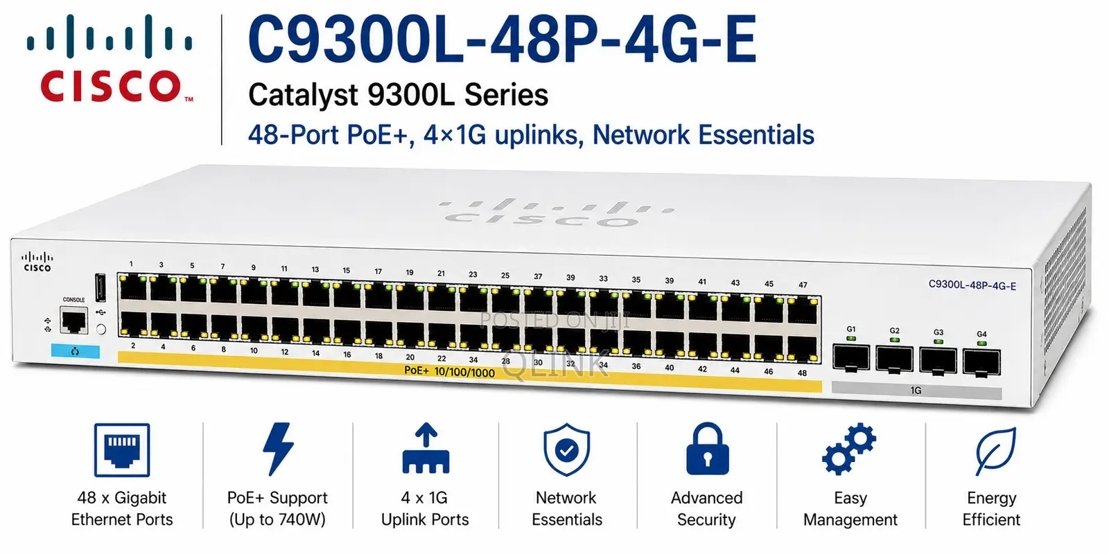 Cisco C9300l-48p-4g-E — 48-Port PoE+, 4×1G Uplinks, Network Essentials