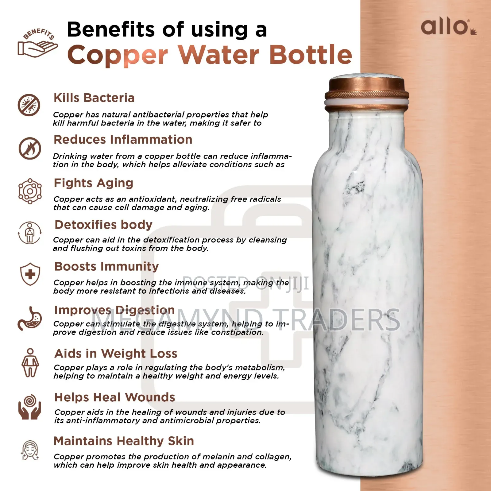 Printed Pure Copper Water Bottle / 1 LTR Copper Bottle