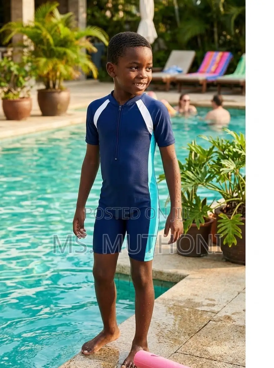 Unisex Navy Blue Short-Sleeve One-Piece Kids' Swimsuit