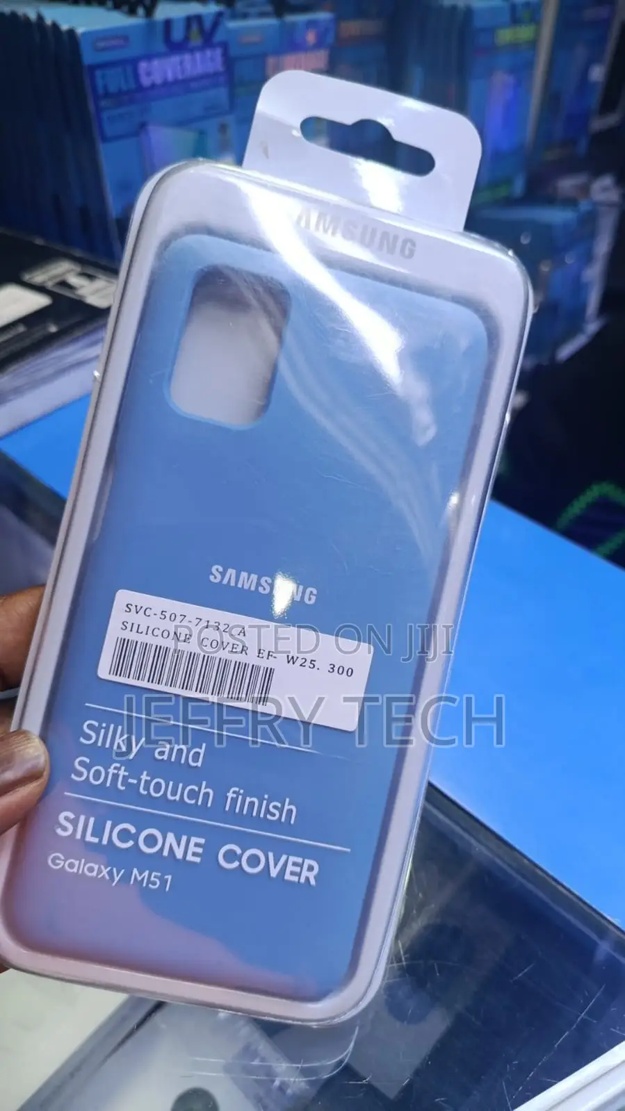 Blue Samsung Galaxy M51 Silicone Cover in Its Retail Packaging.