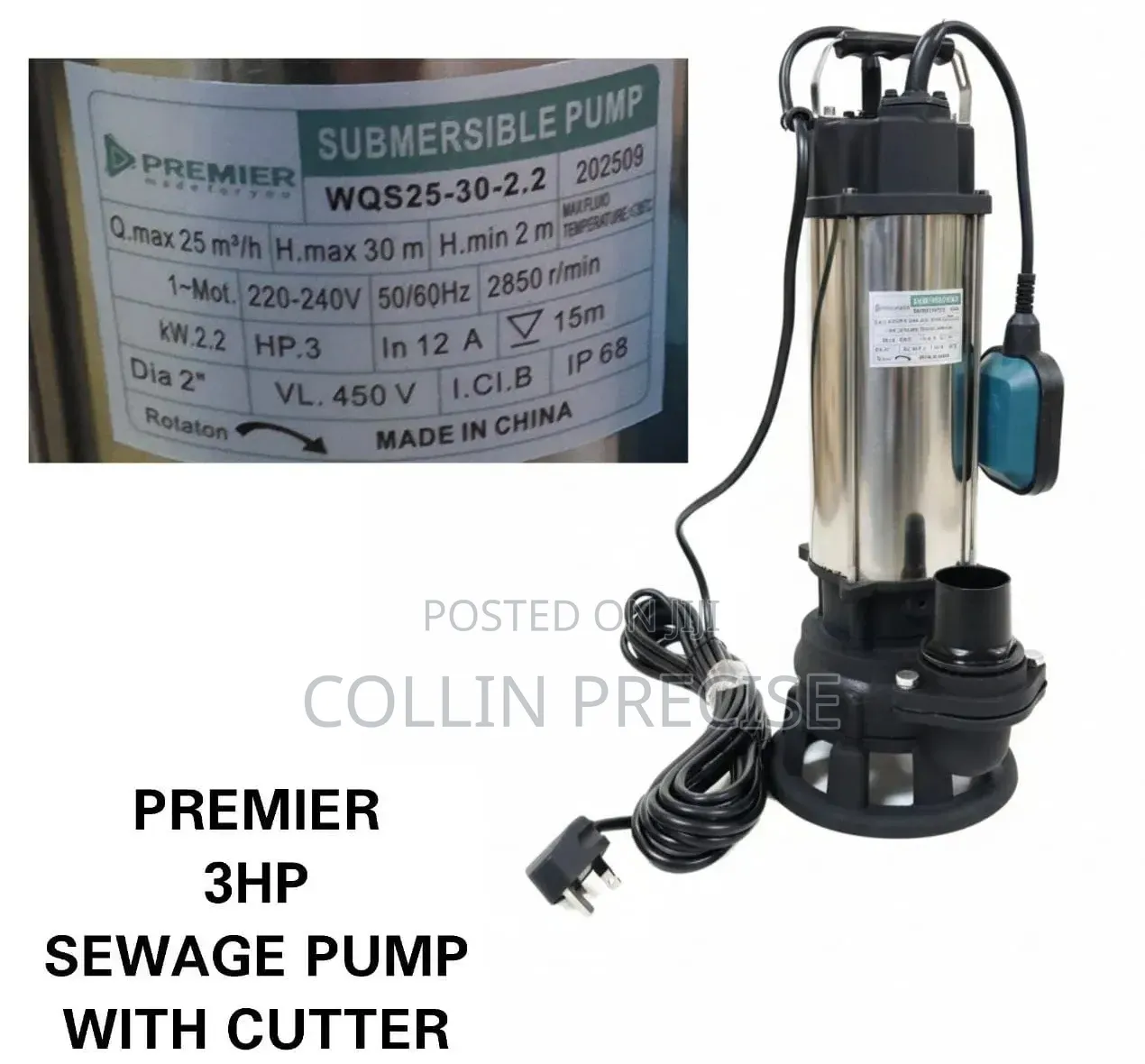 Premier 3hp Pump With Cutter 30m