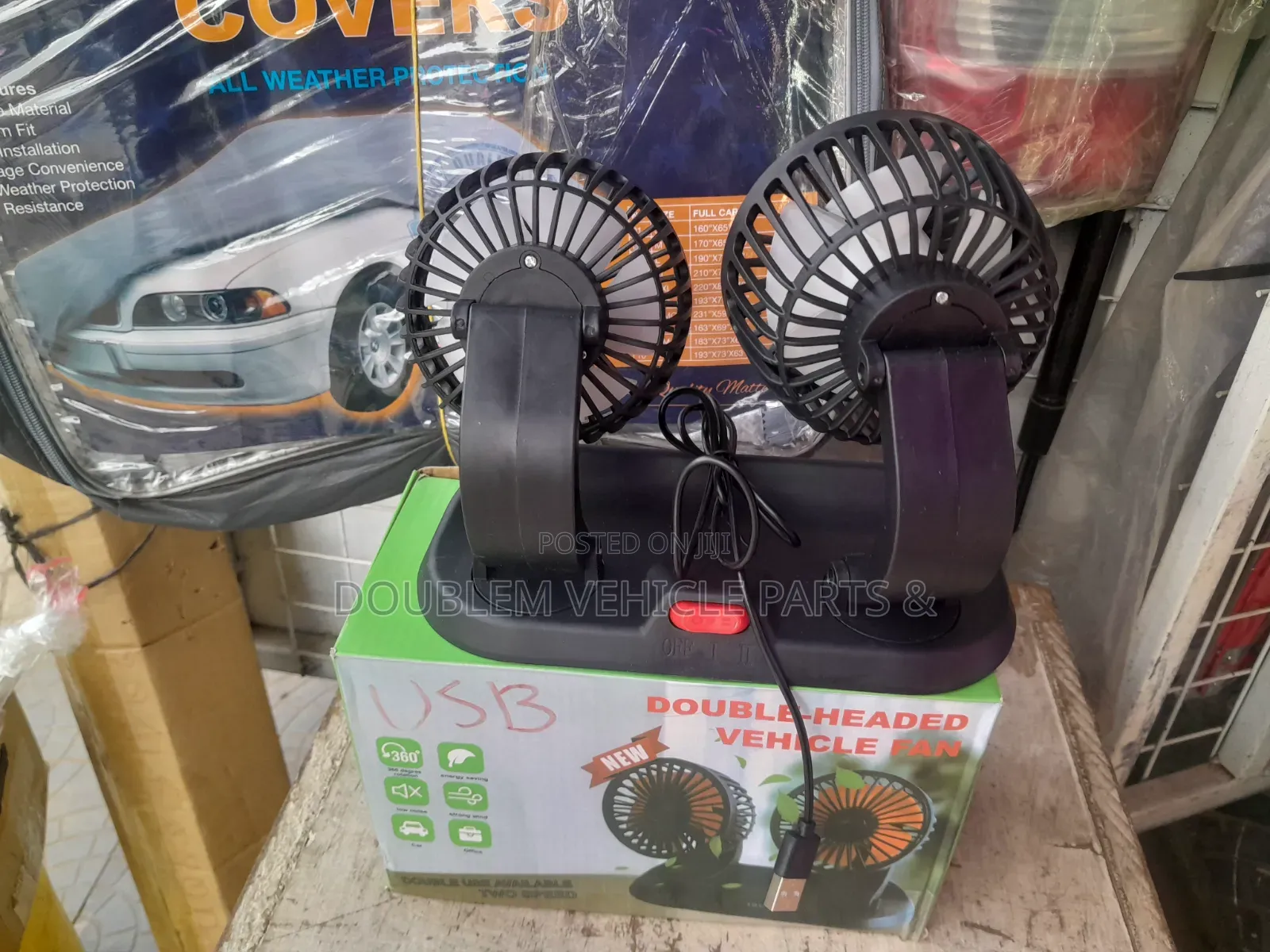 USB 2in1Double Headed Car Fan Rotating 3600 Removes Mist/Cools Hot Air