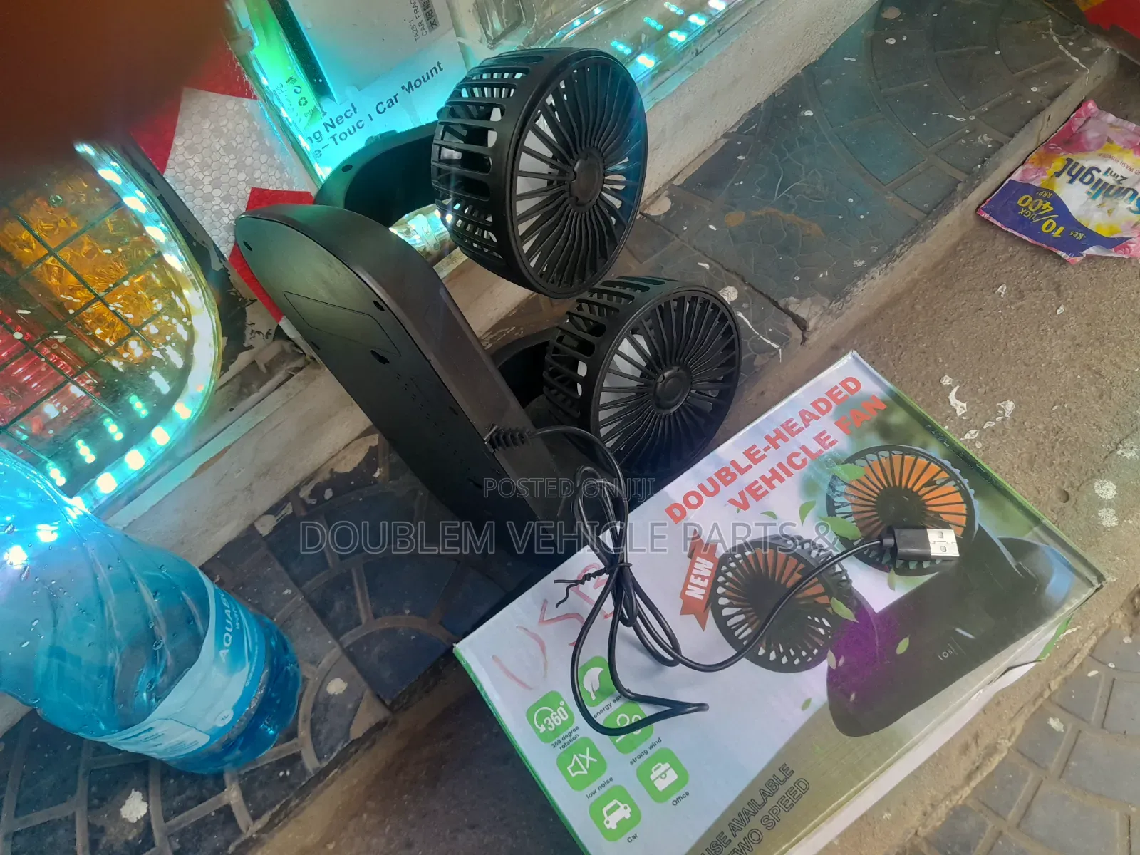USB 2in1Double Headed Car Fan Rotating 3600 Removes Mist/Cools Hot Air