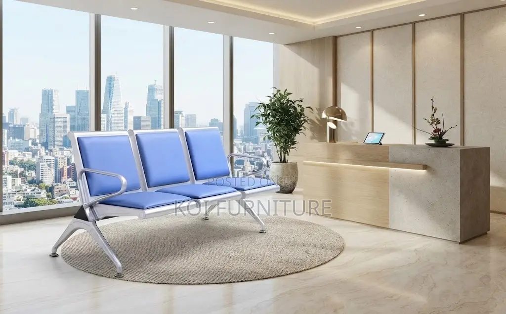 Office Benches; Three Seaters Metallic Leather Blue Reception Bench
