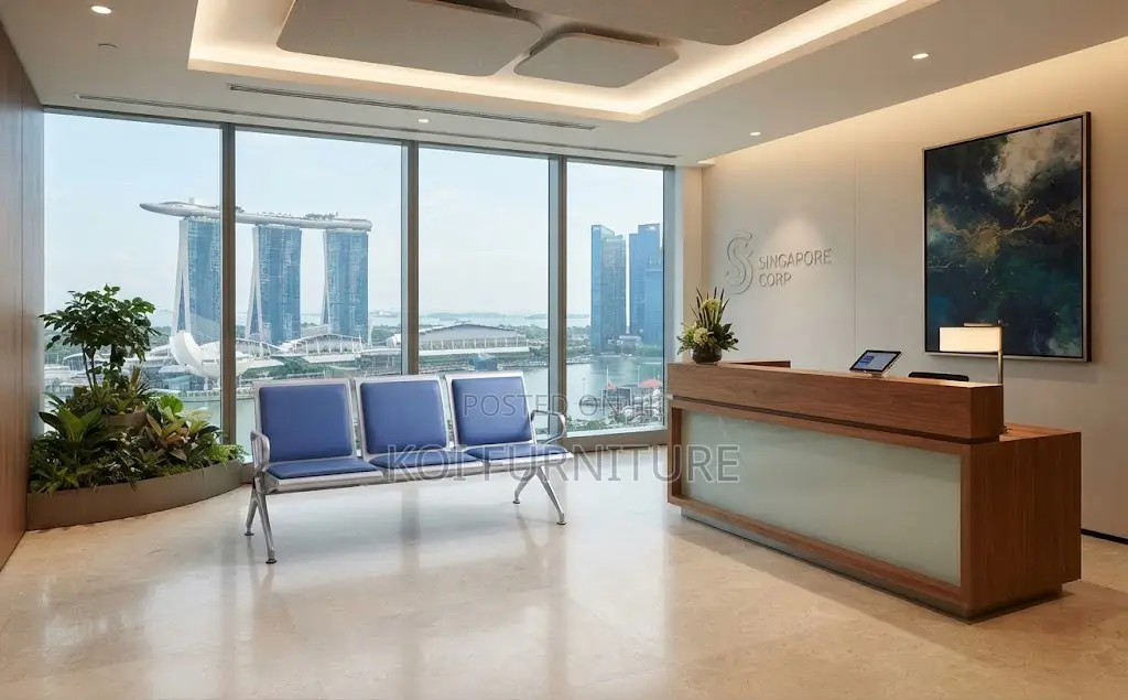 Office Benches; Three Seaters Metallic Leather Blue Reception Bench