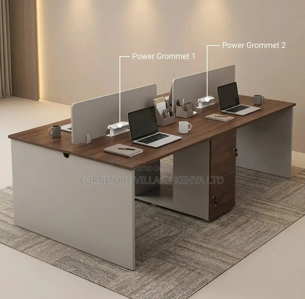 Workstation; 4 Way Brown Modern Imported Office Workstation Desk